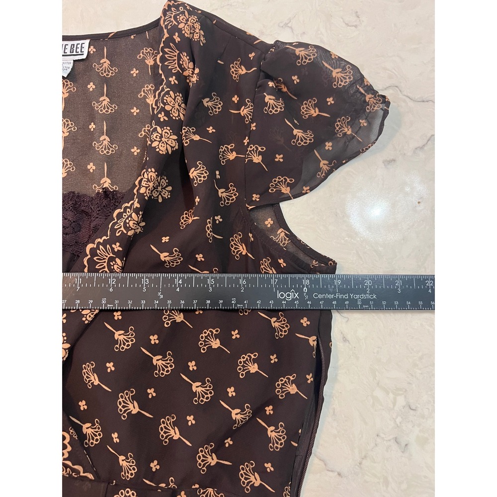 Robbie Bee Womens Brown Tan Floral Chiffon Peplum Midi Dress 10‎ Flutter Sleeve - Picture 3 of 4